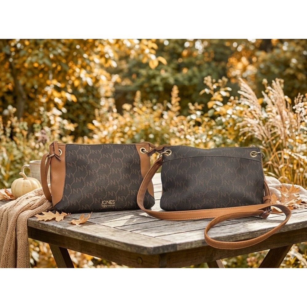 Jones New York JNY Logo Crossbody Brown & Tan Vegan Leather Multi-Pocket Purse